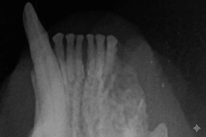 Follow-up dental X-ray of a cat's upper jaw showing healing after tooth extraction.